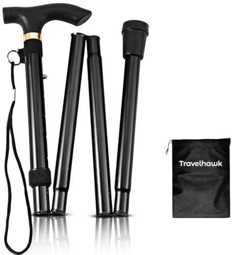 TravelHawk Gehstock Klappbar Schwarz - Wanderstock Faltbar und Höhenverstellbar Gehstock Herren Damen und Senioren Spazierstock mit Klinge und Aufbewahrungstasche