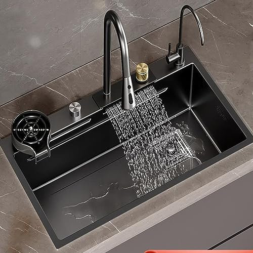 Kitchen Sink Black Raindance Waterfall Kitchen Stainless Steel Sink Large Single-Slot Under-Counter Washbasin Washbasin Set (680x450mm)