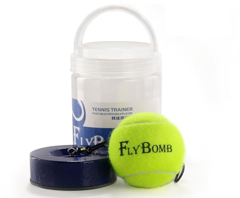 Flybomb Tennis Trainer Rebound Ball – 14.1 Ft Retractable String & Heavy Iron Base – Portable & Easy to Use – Tennis Practice for Adults & Kids – Tennis Serve Trainer – Solo Tennis Training Equipment