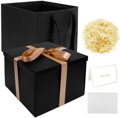 Schwarz Geschenkbox, 23x 23x18cm Geschenkverpackung Box Valentinstag Geburtstag Ostern Muttertag Geschenkkarton mit Deckel Geschenktüten Raffia Hamper Shreds Klebeband und Grußkarten für Männer Frau