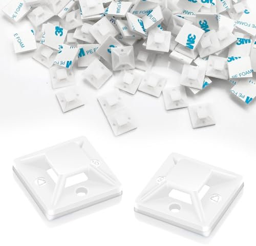 120 Piezas Sujeta Cables Pared Adhesivo 20mm x 20mm Soporte Cables Adhesivo Taco Bridas Sujetacables Autoadhesivos Bridas Plástico para Cables para Fijar y Gestionar Todo Tipo de Cables (Blanco)