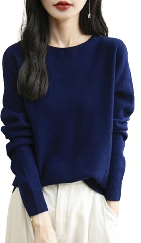 Chanyarn Women's 100% Merino Wool Crewneck Pullover Sweater 2025 Fall Winter Warm Soft Long Sleeve Seamless Knit Cashmere Style Sweater (Navy Blue,S)