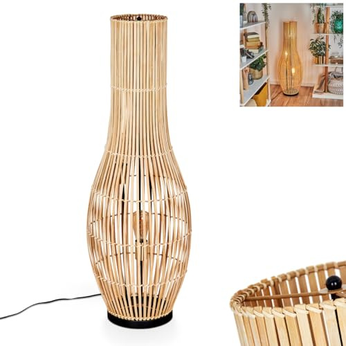 Staby golvlampa, golvlampa av metall/bambu i färgerna svart/guld, armatur i boho-design med skärm i grid-look (Ø 36 cm), höjd 105 cm, strömbrytare på kabel, 3 x E27, utan glödlampor