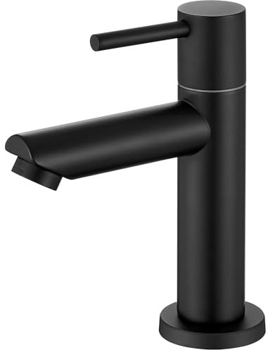 ANYCEE Kaltwasserhahn Schwarz für Gäste WC mit Auslauf Höhe 9,34CM, Kaltwasser Wasserhahn Bad Schwarz, Waschbecken Armatur nur Kaltwasser mit Ersatz-Bubbler & Anschlussschlauch