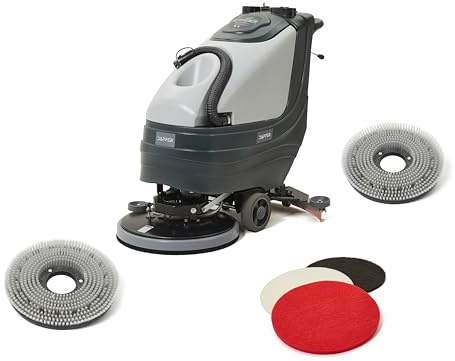 Battery Powered Walk Behind Floor and Carpet Scrubber Buffer Polisher, 19 Brush, 30 Squeegee Width, 13.5 gal Tank, Dual Brushes (Hard & Soft) and 3 Scouring Pads, 220 RPM