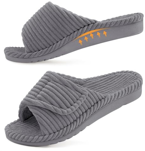 Litfun Orthopedic House Slippers for Women Adjustable Arch Support Indoor Slippers Open Toe Corduroy Bedroom Shoes, Grey 4-5