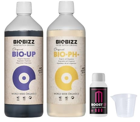 GROWMANIA Biobizz pH + Plus 500 ml pH – minus 500 ml flytande + up Nutrients Boost Up | Superpack Ph up and Ph Down and Boost | Ph-sänkare lyftare gödselmedel växter odling inomhus Down granulat