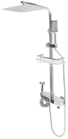 Sistema de ducha de lluvia con grifo, grifo de ducha, juego completo con 4 salidas, alcachofa de mano, juego de ducha para baño y hotel con pantalla LED (plata)