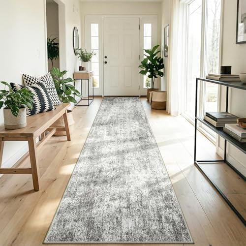 DEFYNEE Teppich Läufer 60 x 180 cm, rutschfest Flur Teppich, Kurzflor Küchenteppich, Waschbar, Faltbar, Abstraktes Design für Eingang, Küche, Wohnzimmer & Büro, Grauweiß