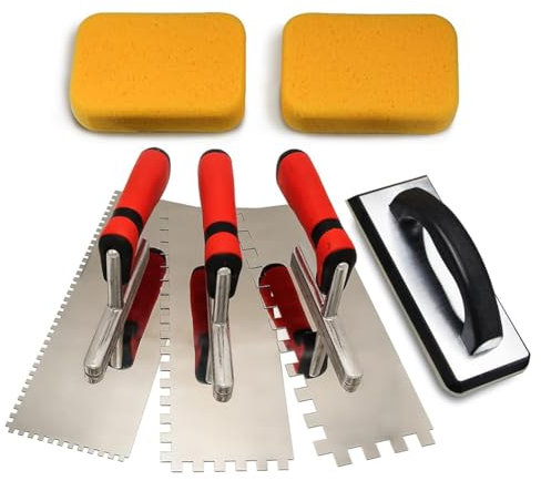 Ohulelks 6 Piezas Herramientas para Azulejos, Juego de Llana Dentada Cuadrada de Acero Inoxidable, Llana y Esponja para Juntas para la Instalación de Azulejos.