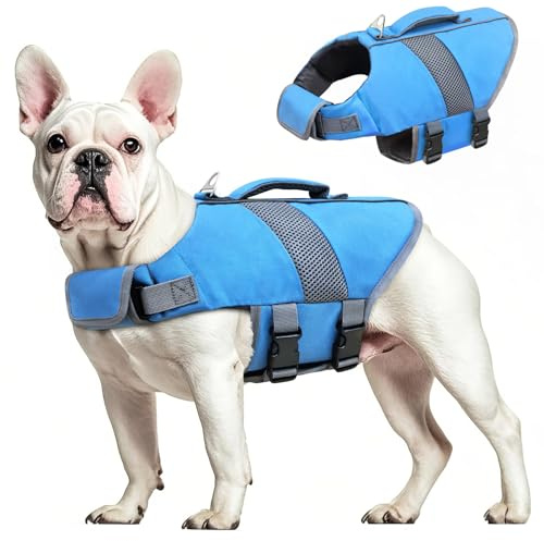 Oslueidy Giubbotto di Salvataggio del Cane Alta Flotation, Cane Salvagente Galleggia Cappotto Riflettente Gilet di Sicurezza per il Nuoto Nautica Surf Kayak, Blu, S
