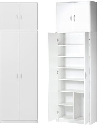 Armadietto alto multiuso, con 4 ante e 10 scomparti, 235 x 74 x 35 cm, (Bianco)