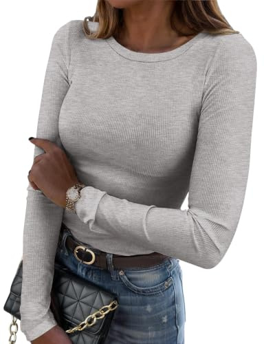 Zeagoo Camisetas Manga Larga Mujer Elegante T Shirt Básicas de Punto Acanalado Camisas con Cuello Redondo Camiseta Básico Túnica Top para Otoño e Invierno Gris Claro M