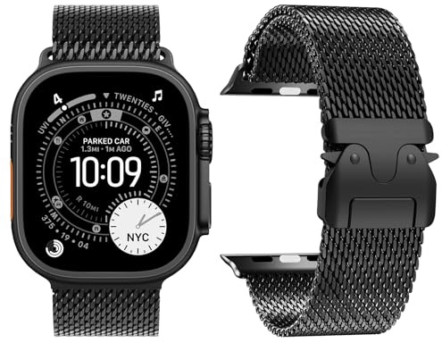 Milanesisk loop remmar kompatibla med Apple Watch Strap Ultra 2/Ultra 49 mm 46 mm 45 mm 44 mm 42 mm (serie 3 2 1) kvinnor män, fallskärmsspänne metall nätögla armband för iWatch 10 9 SE 8 7 6 5 4