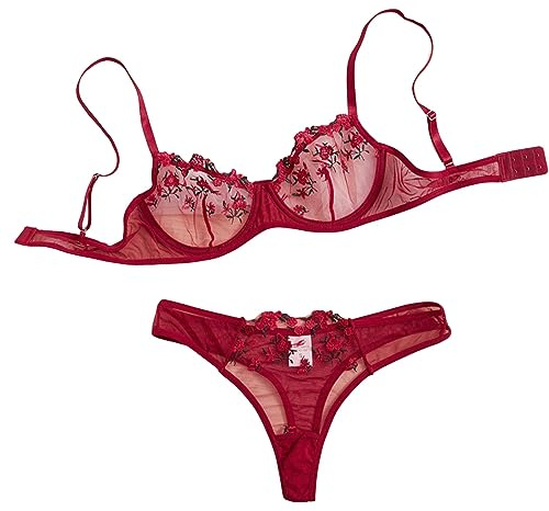 Generisch Taille basse Dentelle Fleur Broderie Sous-vêtements-Ensemble de soutien-gorge mignon pour femmes Lingerie Fluo, rouge, M