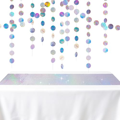 Iriserande födelsedagsdekoration, 2 stycken 60 cm girlang papper iriserande och 30 x 275 cm disco party bordslöpare skimrande cirkel banderoll för födelsedag dansfest disco party dekoration (färgad)