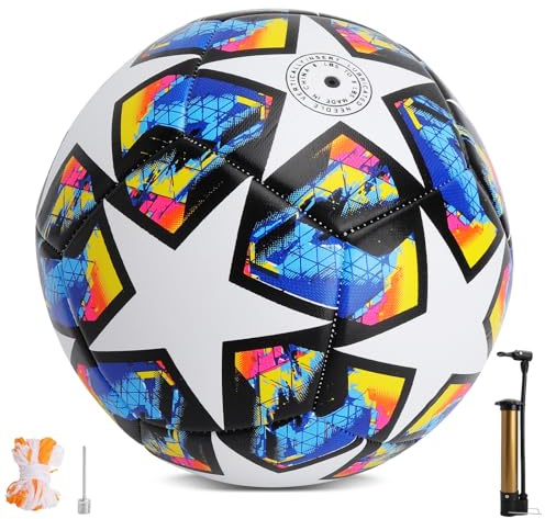 UOCAI Pallone calcio taglia 5 con pompa Set completo allenamento grafica Champions League Pallone PVC resistente outdoor per adulti con accessori inclusi