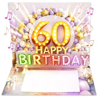 Joli Coon Biglietto auguri 60 anni donna – Biglietto auguri compleanno 60 anni con musica e luce pop up 3D con effetto luminoso, busta e adesivo sigillo – 20 × 15 cm