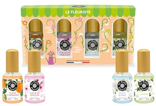 Coffret Cadeau Les Petits Plaisirs – Le Fleuriste – 4 Eaux de toilette florales 30ml – Fleur d’Oranger, Fleur de Cerisier, Musc Blanc & Jasmin – Fabriqué en France