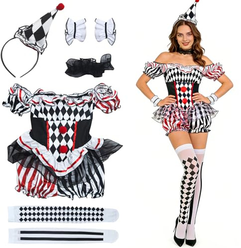 GOUYENG Disfraz Arlequín Mujer,Disfraz de Arlequina,Disfrazs de Payaso Mujer,Disfrazs Mujers Arlequin,Disfraces de Payaso Carnaval,Disfrazi Payasos,para Cosplay,Halloween,Carnaval,Fiesta Temát