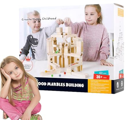 Juego de Pista de Canicas - Set de Construcción Educativo con 60 Piezas y Canicas,Bloques de Construcción de Madera con 60 Piezas y Cuentas | para Niños y Jóvenes Aprendizaje Stem