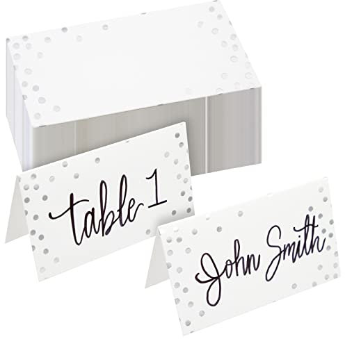 Paquete de 100 Tarjetas de Lugar para Mesa de Boda, Nombre en Blanco, Lunares de Lámina Plateada para Cumpleaños, Banquetes, Eventos, Asientos Reservados
