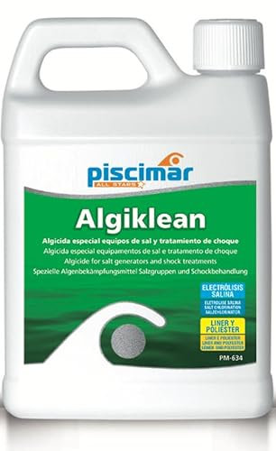 PM-634 Algiklean Doble acción: algicida y abrillantador. Especial Equipos de Sal y Tratamiento Choque. Botella 1.1 Kg.