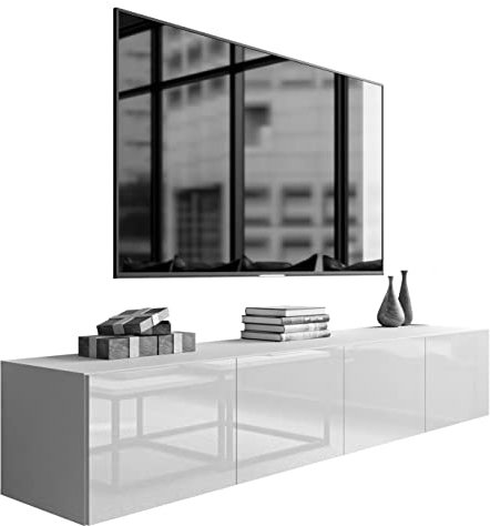 lukmebel Colgante TV-Ständer Doppelschrank mit Push-to-Open-Mechanismus Wandmontage Glatte Minimalistische Front aus Laminierter Platte 40x200x36 cm Weiß/Weiß Glänzend