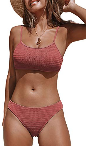 CUPSHE Femme Bikini à Smocké Bandeau Froncé Taille Basse échancré Maillots de Bain 2 Pièces Rouge Brique XL