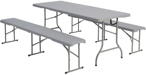 Solycarpa Pack 2 Bancos Plegables + Mesa Abatible Rectangular Tipo Maleta 180x76cm de Exterior, Jardín, Catering y Hostelería, Conjunto Portátil Auxiliar para Comedor y Camping