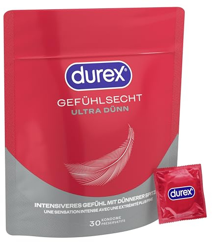 Durex Gefühlsecht Ultra Kondome – Sensi-Fit Kondome mit 20% dünnerem Material an der Spitze – 30er Pack (1 x 30 Stück)