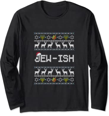 Fun Ugly Hanukkah Sweater jew-ish santa hat Merry Christmas Long Sleeve T-Shirt