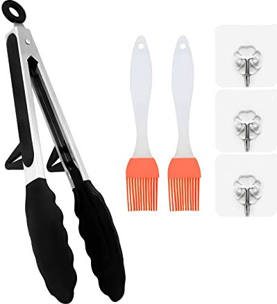 Pinze in silicone, pinze da cucina da 22,9 cm, ideali per barbecue, insalata, dolci, servire, cottura, friggitrice ad aria, con 2 spazzole in silicone e 3 ganci autoadesivi
