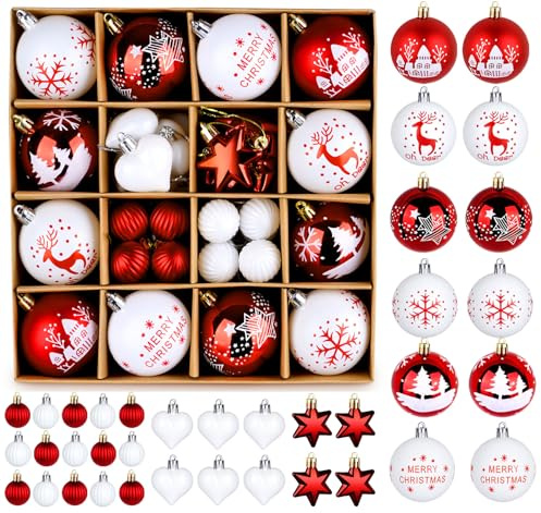 HOUISM Weihnachtskugeln mit Gemälde & Funkelndem als Traditionelles Handbemalt Thema Rot Weiß, Christbaumkugeln Kunststoff Weihnachtsdeko mit Aufhänger, Handarbeit für Weihnachtsfeier Dekor