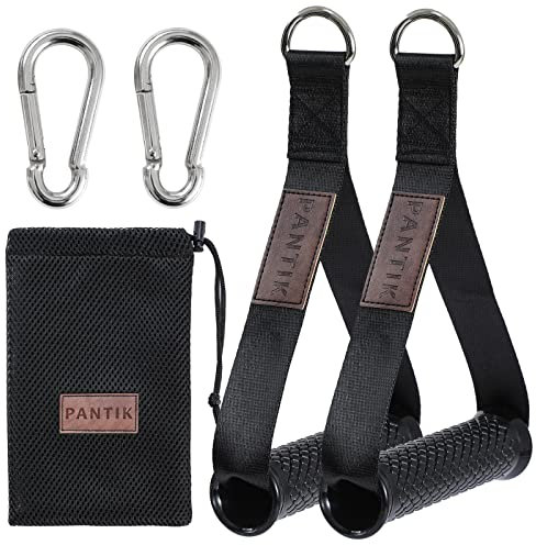 PANTIK Upgraded Exercise Handles Heavy Duty Cable Machine Attachments D Handle Resistance Band for Fitness Nylon Strap Silicon Grip Solid ABS Cores with Carabiners Home Gym Set of 2, Black