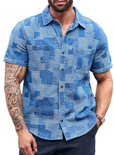 Runcati Mens Denim Shirts Short Sleeve Patchwork Button Down Casual Hippie Summer Jean Shirt Blue