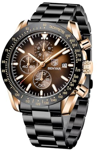Benyar Men's Waterproof Analogue Quartz Chronograph Luminous Date Big Dial Classic Fashion Business Stainless Steel Leather Wrist Watch Elegant Gift for Men