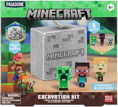 Minecraft Paladone Offiziell Lizenziertes Ausgrabungs-Set für Kinder, Gamer-Dekor und Geschenk für Jungen und Mädchen, 3 ikonische Spielfiguren enthalten, interaktives Grabspielzeug