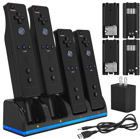 Remote Controller Charger for Wii/Wii U With 4 Pack 2800mAh Rechargeable Battery Pack, 4 Port Charging Station for Controller, Remotes Not Included