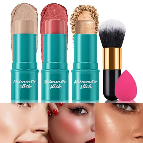 MKNZOME 3pcs Contour Highlighter Blush Sticks, Bronzer Stick Cream Contour Kit for Cheeks & Lips, Highlighter Makeup Stick with Makeup Brush and Sponge, Long Lasting, for Women Girl