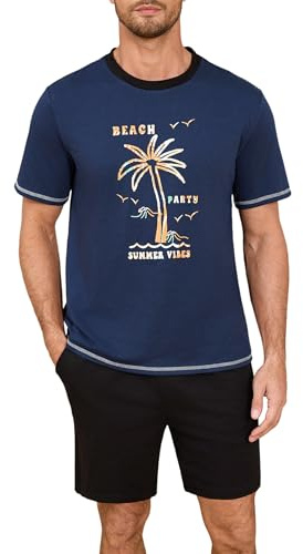 Terecey Pyjama Homme Court en Coton Premium Été Ensemble de Pyjama T-Shirt Col Rond Motif Plage & Short Vêtement de Détente Homewear Fluide & Respirant