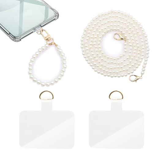 BORISCA Handykette Universal - Set mit Langer Perlen Weiß und Kurzer Handgelenk Kette zum Umhängen, Damen Perlenkette mit 2 Klaren Einsätzen für die Meisten Smartphones