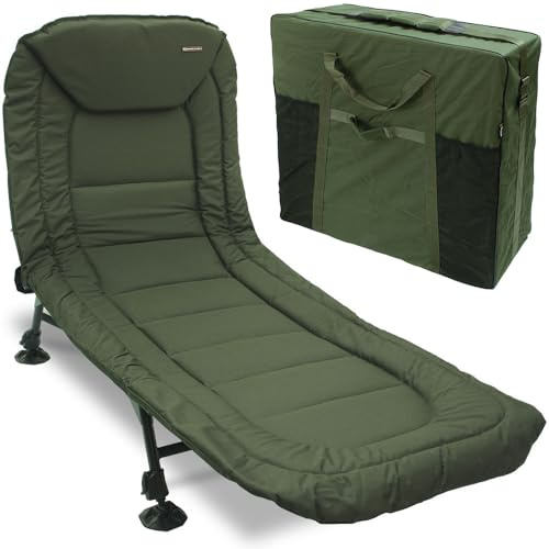 Fishing Bedchair Reclining Lightweight, Durable, Solid Back Support, Pillow,Spacious, Comfortable with Weather Resistant Carry Bag, Mud Feet Easy Transport Camping & Outdoor Sleeping Chair