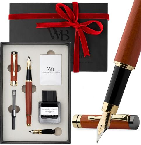 Wordsworth & Black Fountain Pen Set, Luxury Bamboo Wood - Medium Nib, Extra Fine Nib, Gift Case; 25ML Black Ink Bottle, 6 Ink Cartridges, Refill Converter - Calligraphy, Writing [Rosewood]