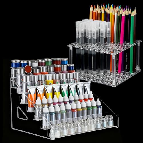 7 Layer Acrylic Paint Organizer & 96 Holes Paint Brush Holder, Paint Brush Storage Brush Holder, Snap-On Design Easy Assembly, Desktop Organizer for Miniature Model Pencils Sketch Pens Craft Hobby