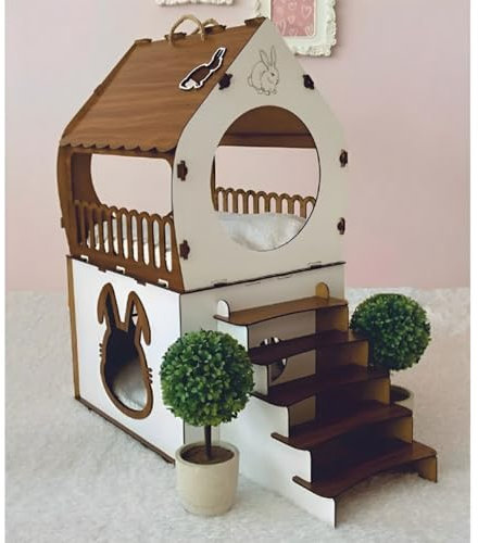 Jungengel XL Kaninchenhaus Zweistöckig 67x70x40 cm mit Rampe Holz - Hasenhaus Indoor MDF Stecksystem ohne Schrauben, 2 Etagen für 1-2 Kaninchen Meerschweinchen, Nagerhaus Kleintierstall Braun