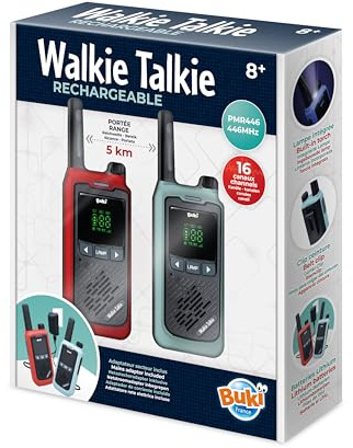 Talkie-Walkie Rechargeable Longue Portée 5 km – Lot de 2 avec Batteries Lithium et Chargeur Double – 16 Canaux, Lampe, Clip Ceinture – Conversations Claires – Enfant & Adulte dès 8 Ans - BUKI France