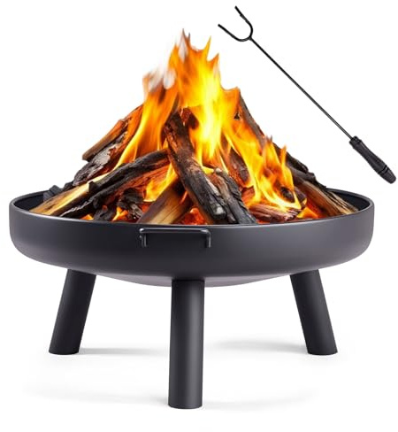 LEADZM Feuerschale Ø70 cm Eisenkonstruktion | Mit 2 stabilen Griffen + Feuerhaken, Feuerkorb für Holz & Kohle, Feuertonne als Feuerstelle für Garten Terrasse Outdoor Lagerfeuer Schwarz