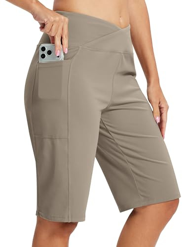 MoFiz Pantalones Cortos Mujer Shorts Mallas Cortas Mujer Bermudas Leggins Short Deportivo Verano Pantalones Cortos de Yoga Gym Fitness con Bolsillos Caqui XXL