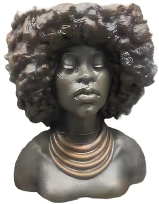 Afrikansk kvinna byststaty cementplanta, 28 cm kvinnligt huvudskulptur, snöflinga kristallprydnad, heminredning accent, unik present för trädgård eller inomhus